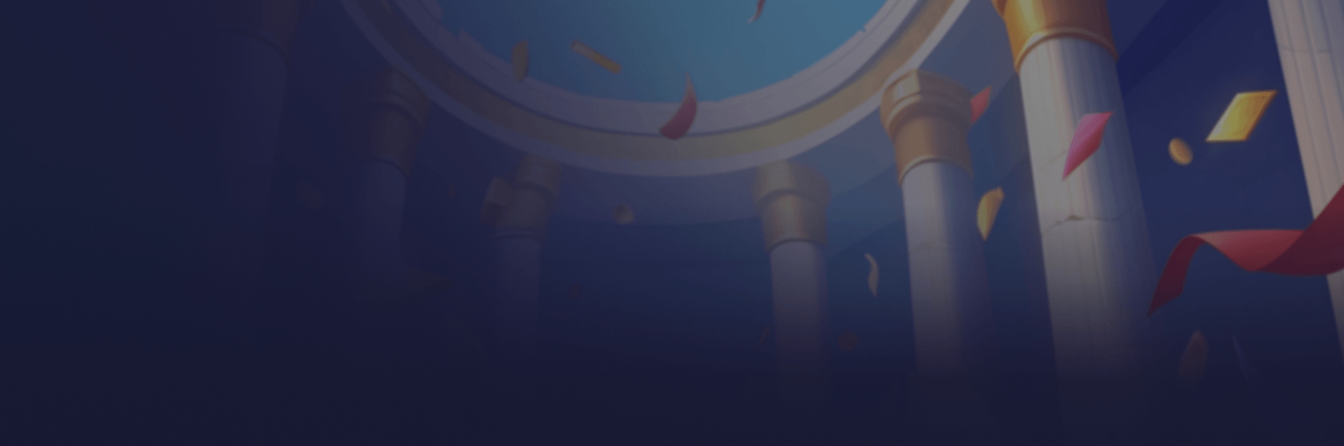 Slota Casino hero banner med klassiske søjler, blå himmel og røde konfetti-elementer